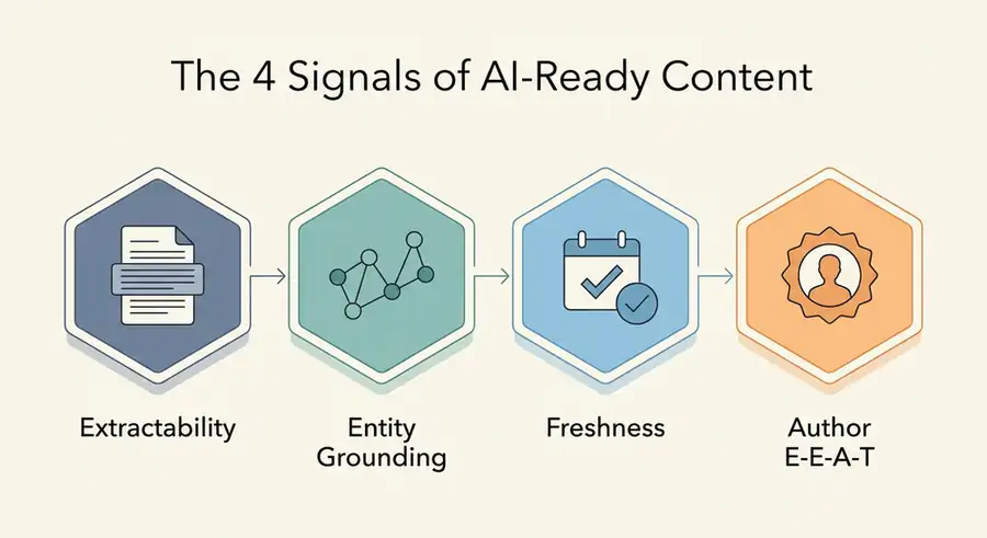 Infographic showing the four signals of AI-ready content: extractability, entity grounding, freshness, and author E-E-A-T