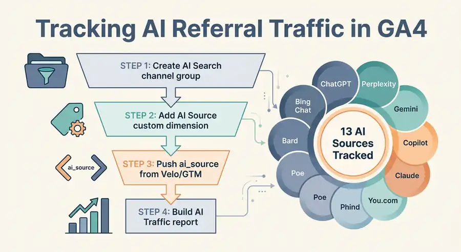Four-step funnel showing how to configure GA4 to track AI referral traffic from ChatGPT, Perplexity, Gemini, Copilot, and Claude