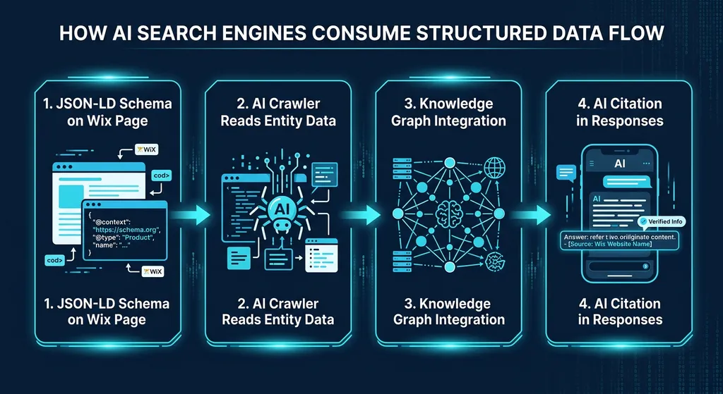 AI schema pipeline infographic: how JSON-LD on your Wix page flows through AI crawlers, into knowledge graphs, and becomes citations in AI-generated responses