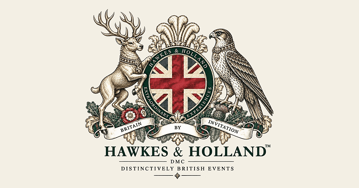 Hawkes & Holland crest, a stag and a falcon either side of a Union Jack shield, with the words Britain By Invitation, Hawkes & Holland DMC, Distinctively British Events