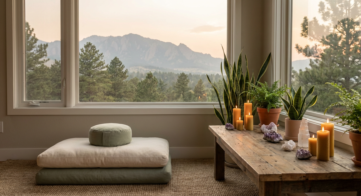Serene holistic therapy room with meditation setup and Boulder Colorado mountain landscape, representing Soul Essence Psychotherapy