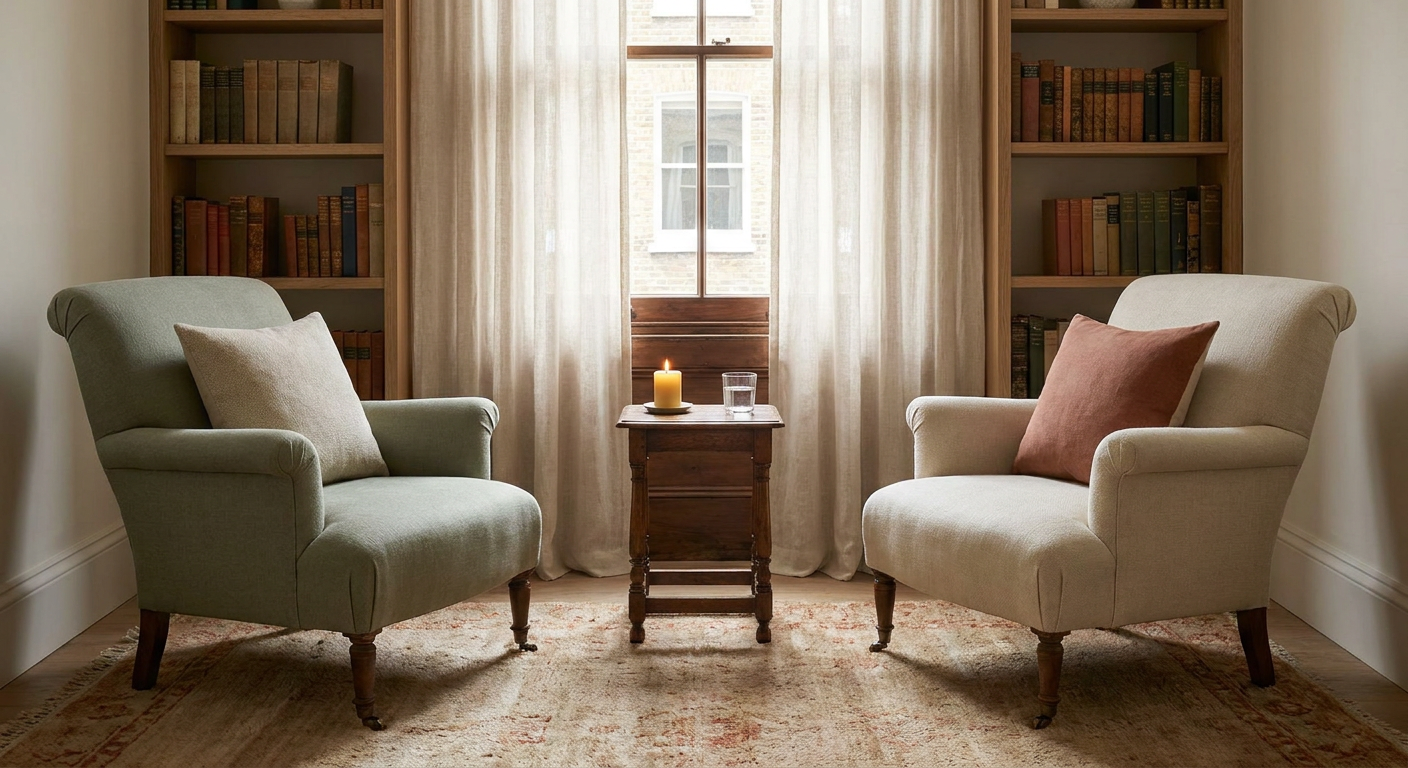 Homa Psychotherapy and Counselling consulting room in Islington London WC1X 9AW, a warm and calm space for integrative therapy