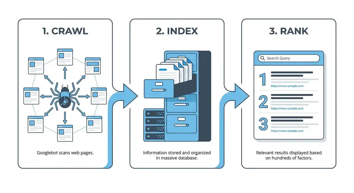 Diagram showing how Googlebot crawls, renders, indexes and ranks Wix website pages through the technical SEO pipeline
