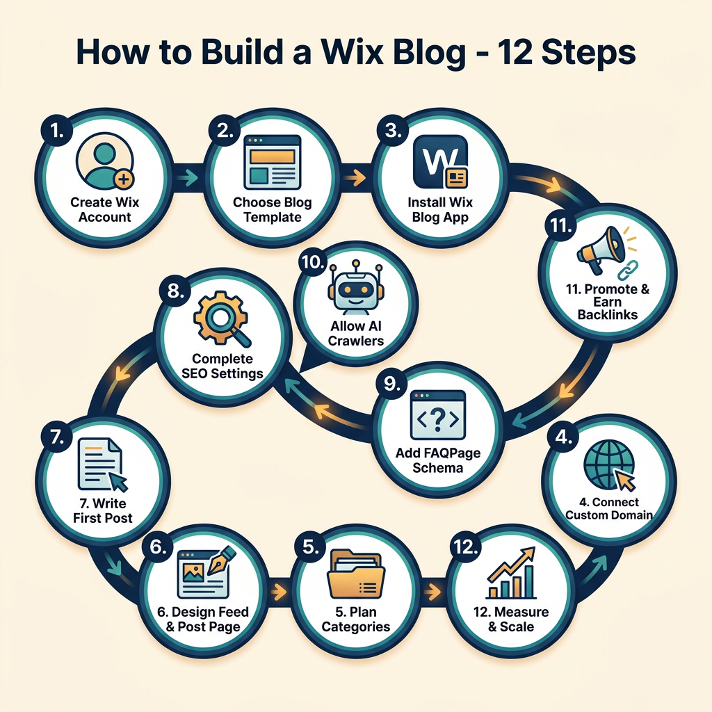How to Build a Wix Blog 2026 - 12-step roadmap infographic showing create account, choose template, install Wix Blog app, connect domain, plan categories, design feed, write post, SEO settings, FAQPage schema, allow AI crawlers, promote, measure and scale