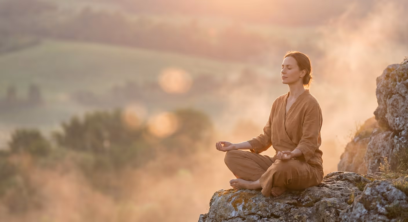Woman meditating at sunrise on a misty mountain overlook, representing emerging from a slump through soul-centred psychotherapy with Soul Essence Psychotherapy in Boulder, Colorado