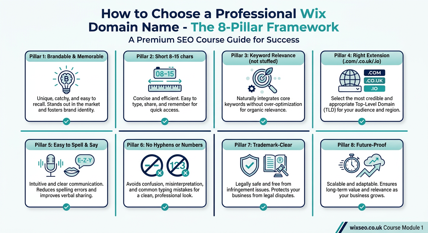 How-to infographic showing the eight pillars of choosing a professional Wix domain name: brandable, short, keyword relevance, right extension, easy to spell, no hyphens, trademark-clear, and future-proof