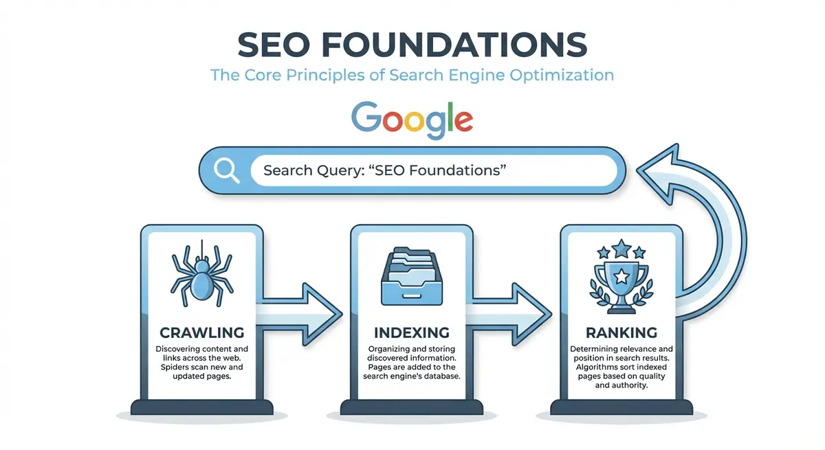 How-to infographic showing SEO foundations including how Google crawls, indexes, and ranks web pages through its three-stage search pipeline