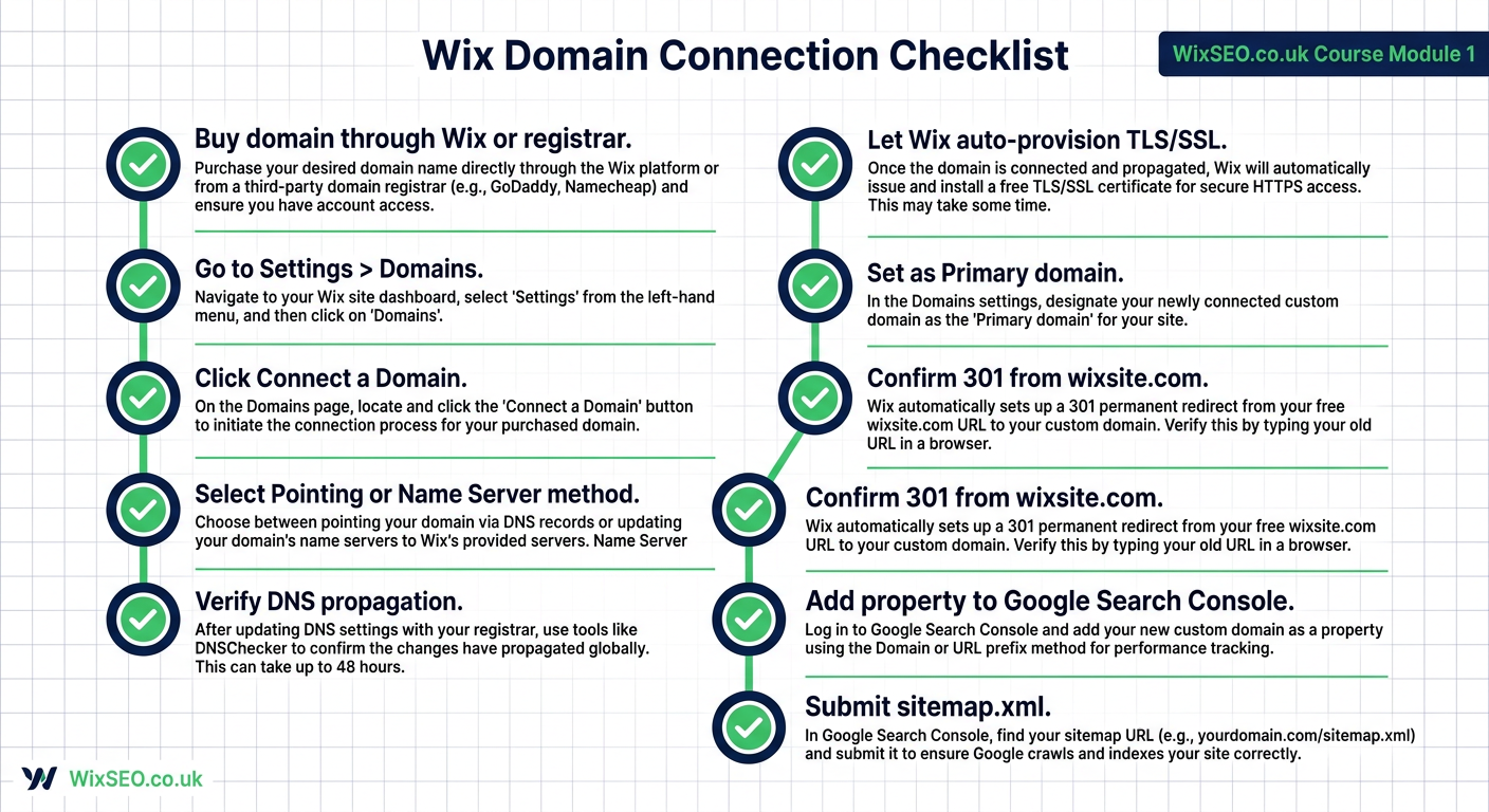 Wix Domain Connection Checklist showing 10 steps from domain purchase through Google Search Console submission