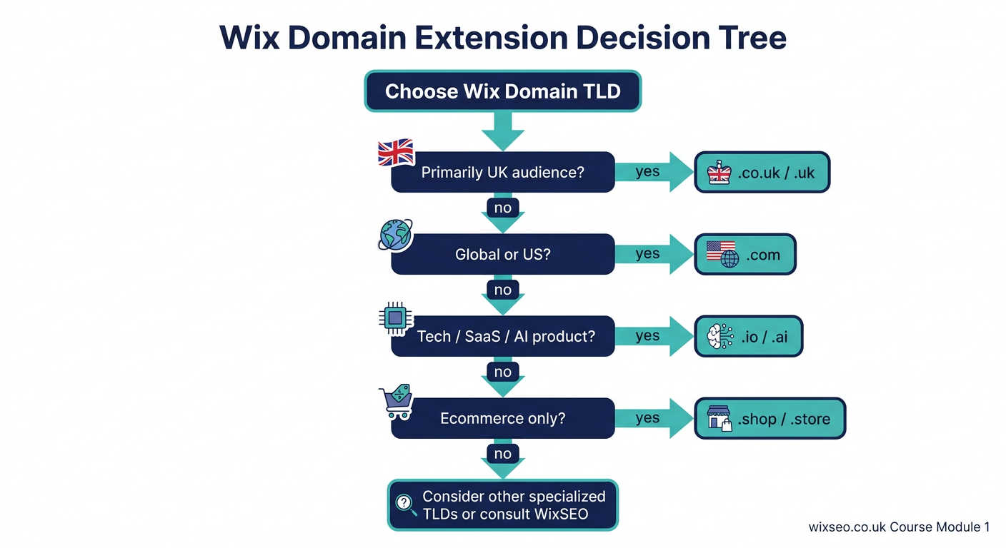 Decision flowchart for choosing the right domain extension for a Wix site, covering .com for global, .co.uk for UK, .io and .ai for tech, and .shop for ecommerce