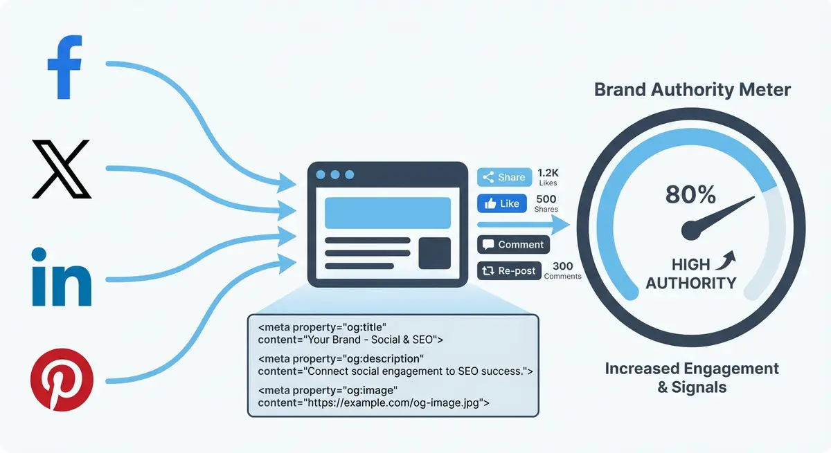 How-to infographic showing how social signals influence SEO including Open Graph tags, social sharing optimisation, cross-platform brand presence, and social analytics
