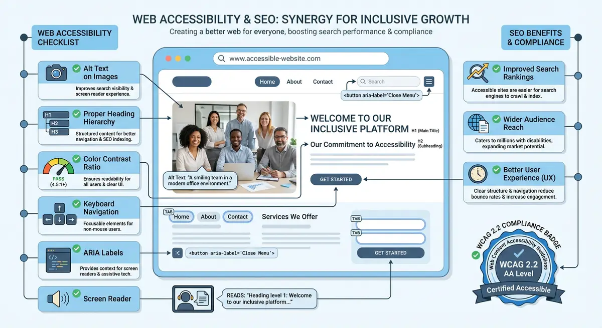 How-to infographic showing web accessibility and WCAG 2.2 compliance for Wix including alt text, ARIA labels, colour contrast, keyboard navigation, and accessibility testing