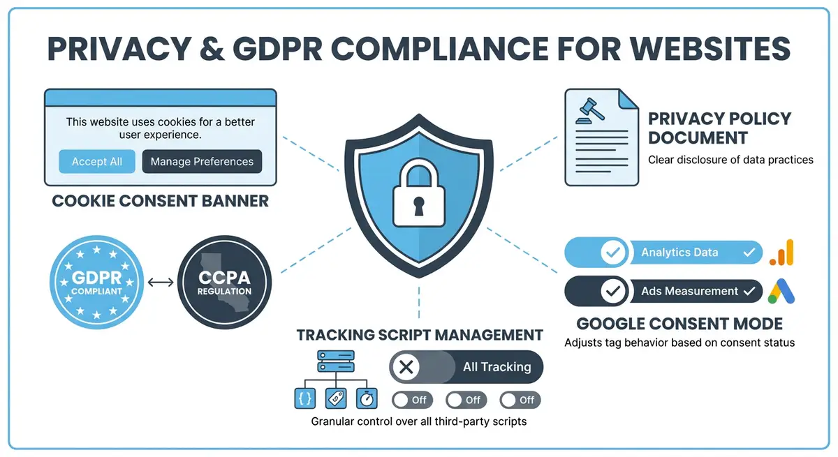 How-to infographic showing privacy and GDPR compliance for Wix including cookie consent, Google Consent Mode v2, privacy policies, and third-party script management