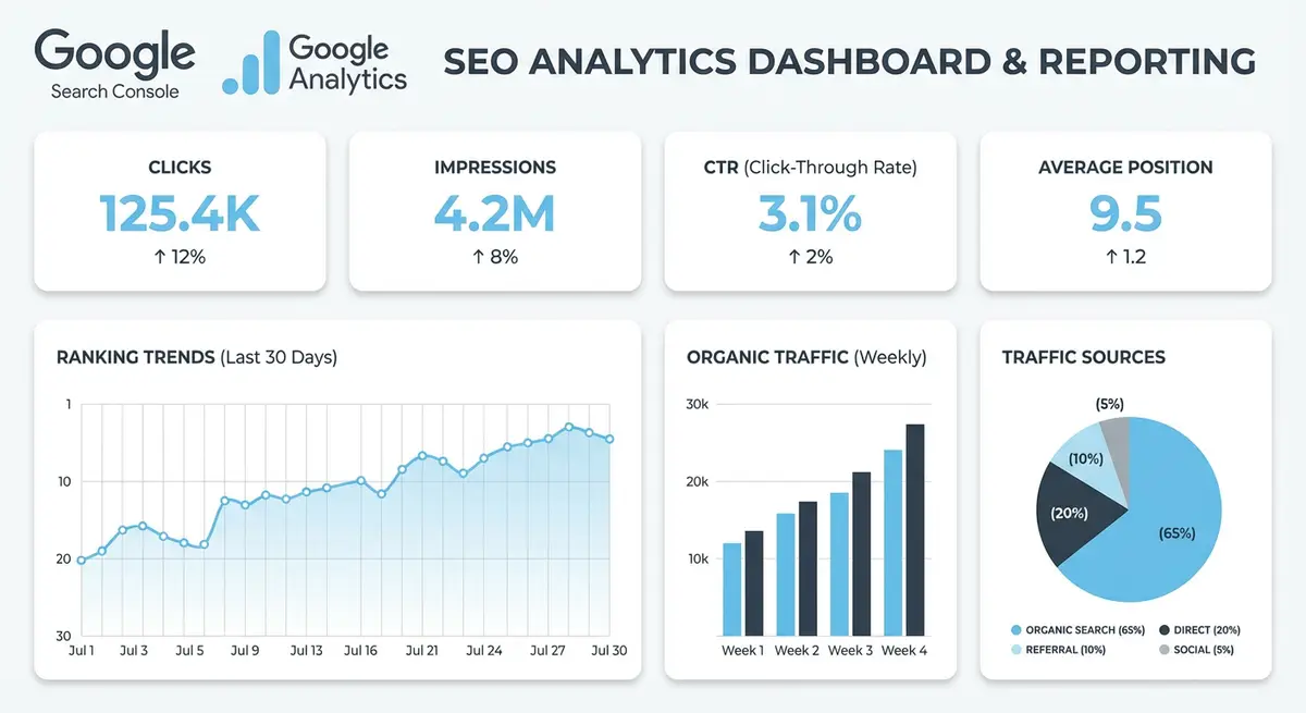 How-to infographic showing SEO analytics and reporting including Google Search Console, GA4, rank tracking, monthly reports, ROI tracking, and Looker Studio dashboards