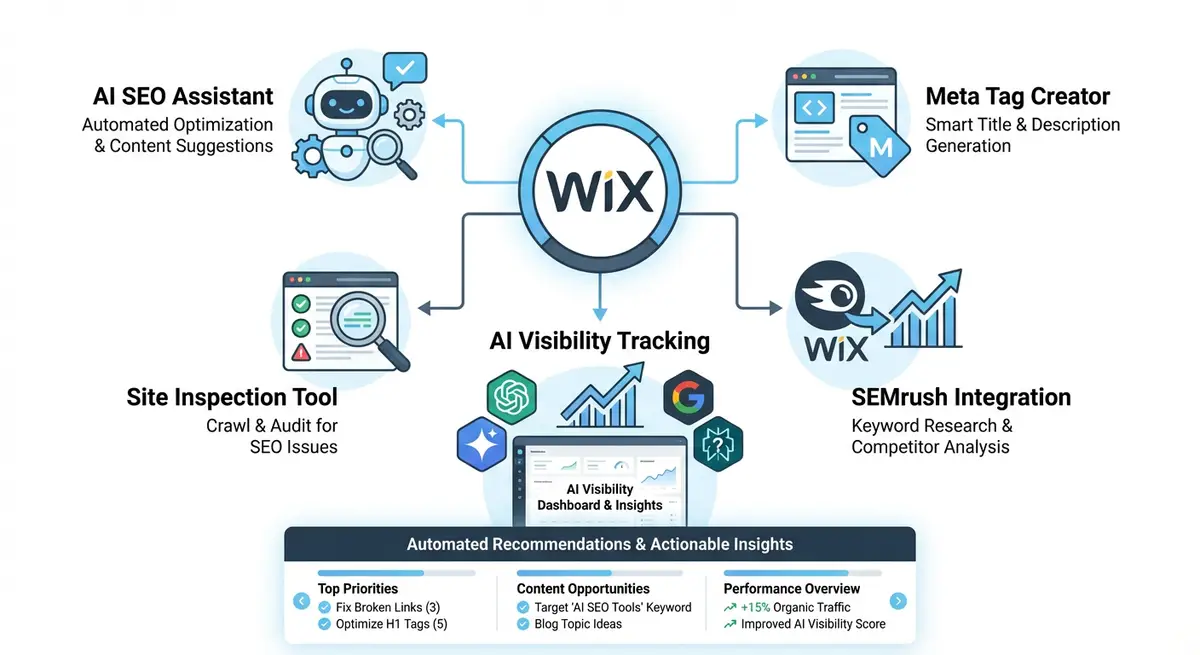 How-to infographic showing Wix native SEO tools including AI Visibility Overview, AI SEO Assistant, AI meta tag creator, Semrush integration, SE Ranking, Site Inspection, and LLMs.txt
