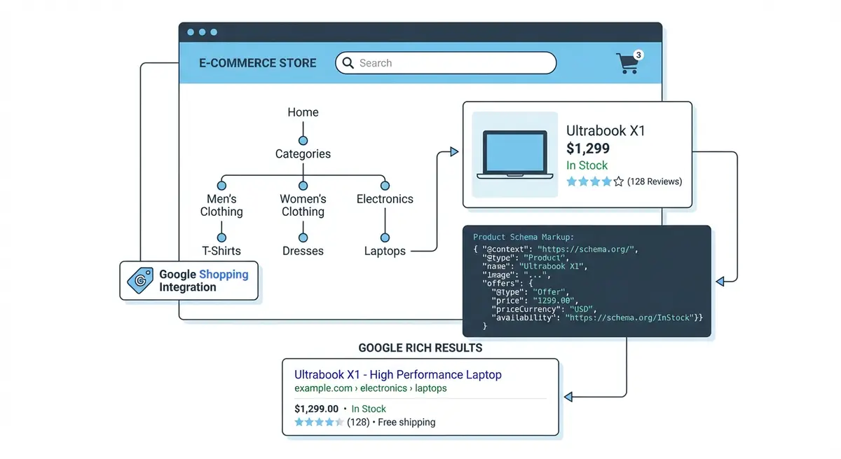 How-to infographic showing eCommerce SEO techniques for Wix Stores including site architecture, product page optimisation, Google Shopping, product schema, category pages, and site speed