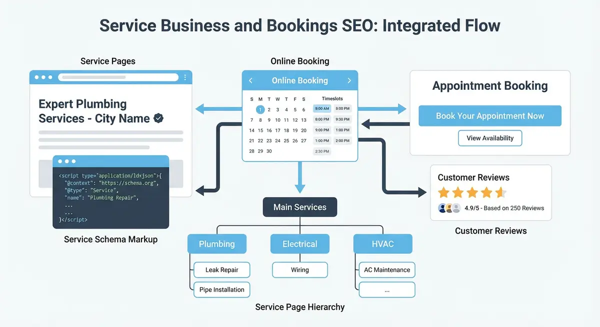 How-to infographic showing Wix Bookings SEO including service page optimisation, Service schema, appointment CTAs, service hierarchy, page speed, and review strategies