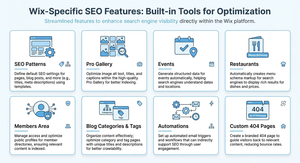 How-to infographic showing Wix-specific features for SEO including SEO Patterns, Pro Gallery, Events, Restaurants, Members Area, Blog categories, Automations, and Custom 404 pages