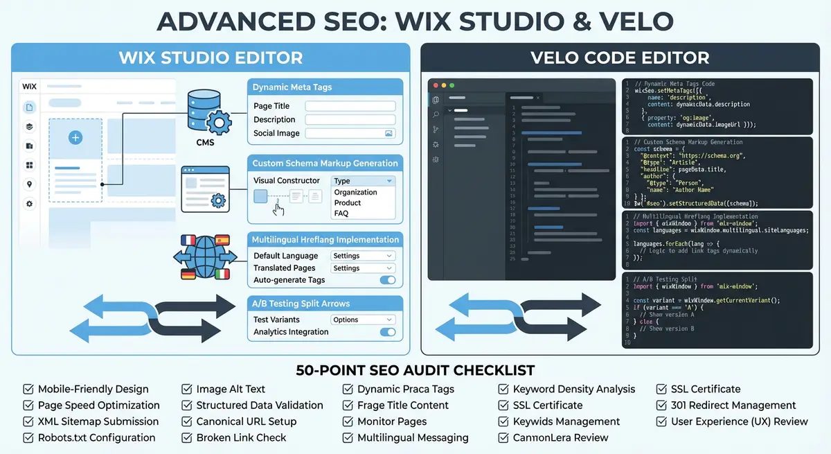 How-to diagram showing Wix Studio and Velo advanced SEO capabilities including dynamic meta tags, custom schema markup, CMS database pages, multilingual hreflang, and A/B testing