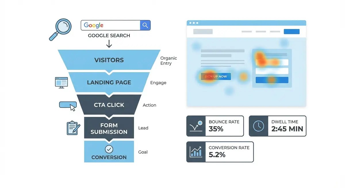 How-to infographic showing conversion rate optimisation for organic traffic including landing page optimisation, CTA design, heat mapping, form optimisation, and engagement metrics