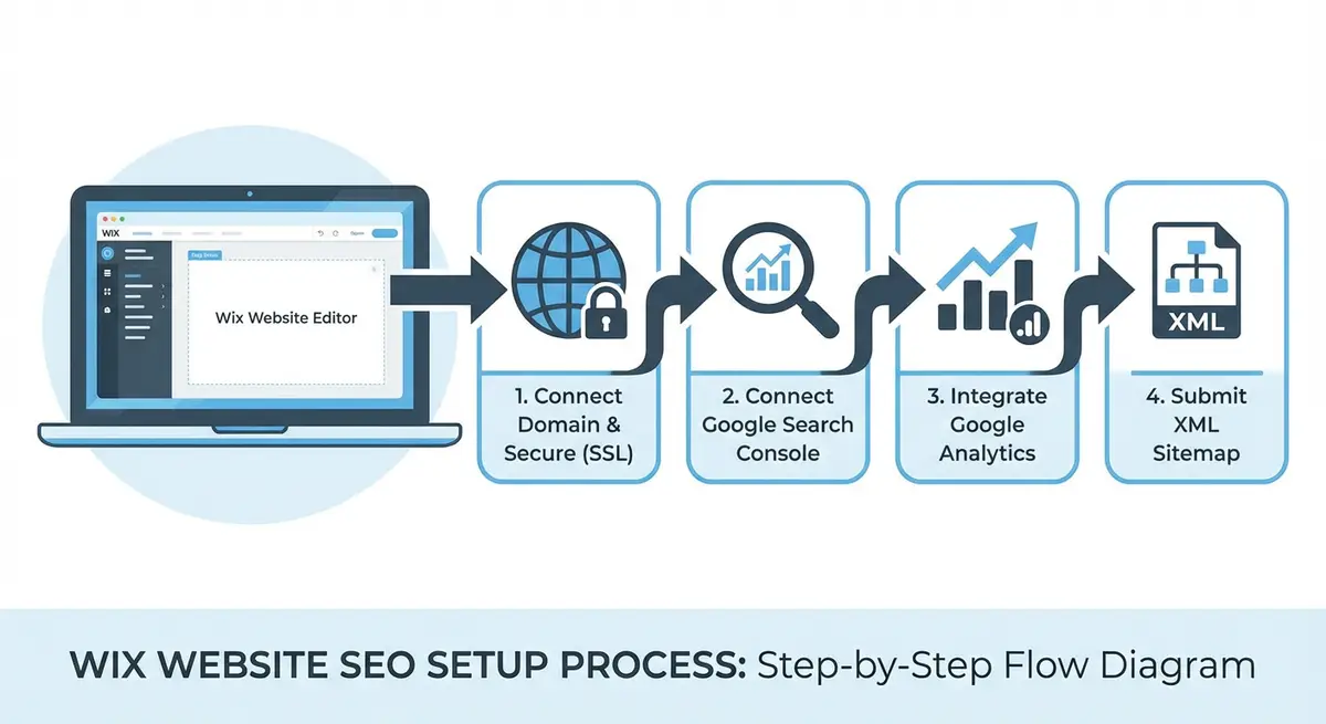 How-to diagram showing the complete Wix SEO setup process including domain configuration, Google Search Console connection, Analytics setup, and sitemap configuration