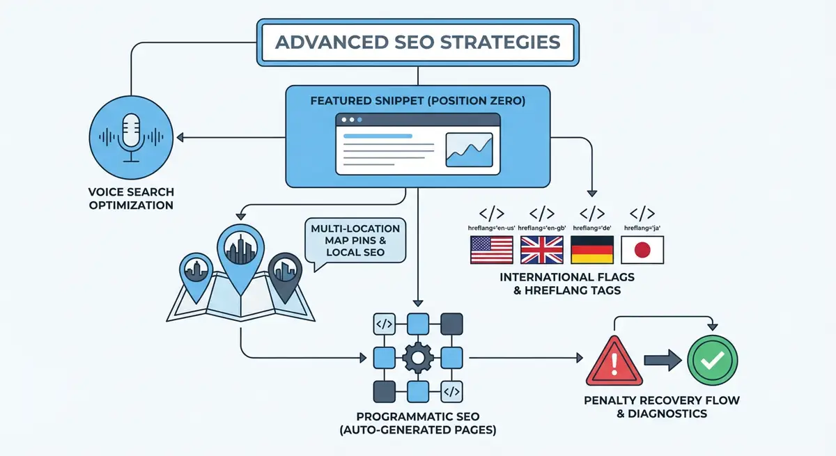How-to infographic showing advanced SEO strategies including featured snippets, voice search optimisation, multi-location SEO, international SEO, and programmatic content at scale
