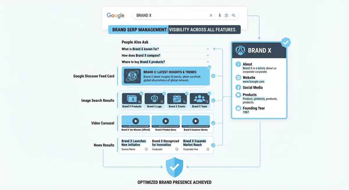 How-to diagram showing brand SERP management including Knowledge Panel optimisation, People Also Ask domination, Google Discover, image search SEO, video SEO, and news freshness signals