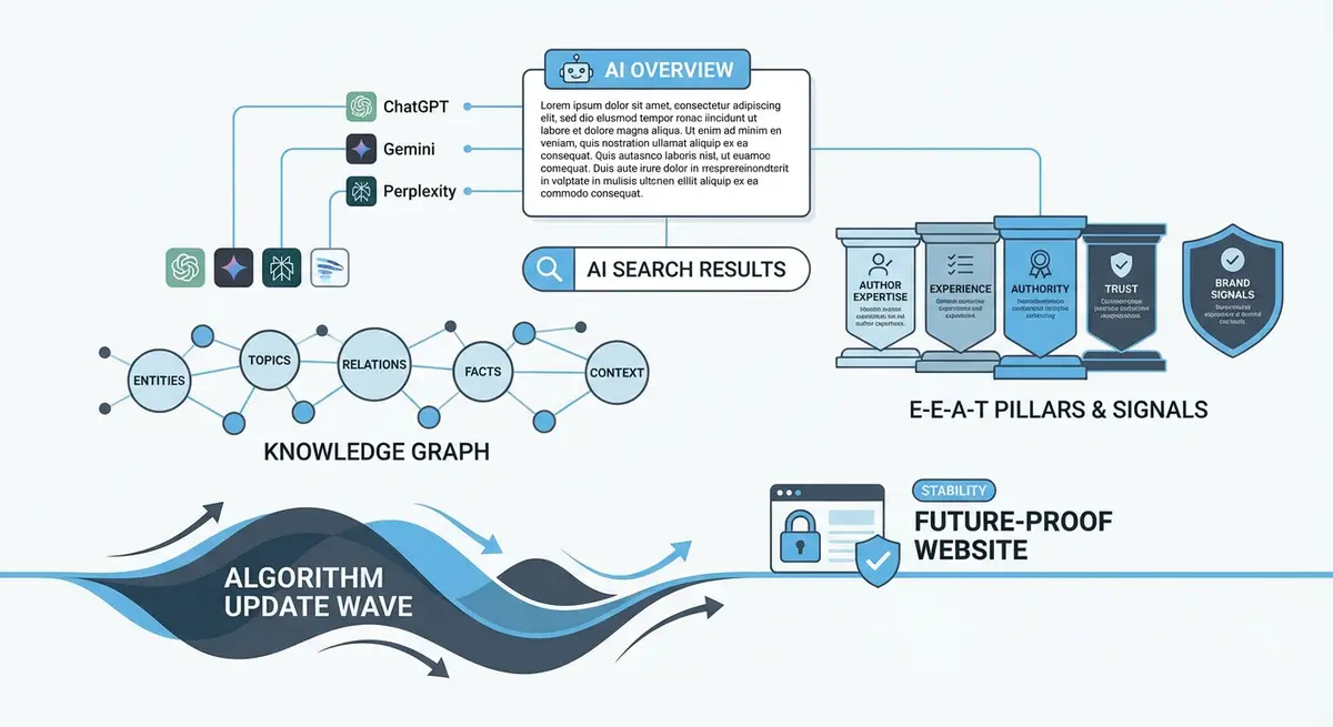 How-to diagram showing how AI Overviews and SGE are reshaping Google search including entity SEO, author expertise signals, E-E-A-T pillars, and future-proofing strategies