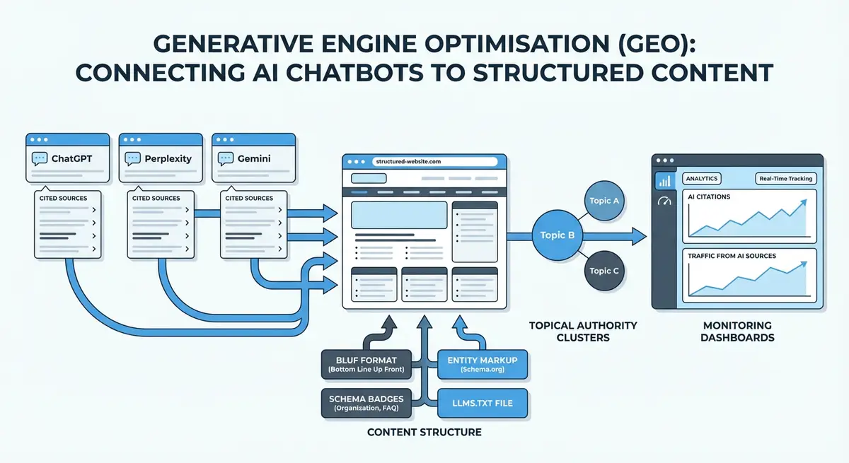 How-to infographic showing Generative Engine Optimisation including how AI search engines select sources, GEO-optimised content structure, entity SEO, schema strategies, and AI citation monitoring