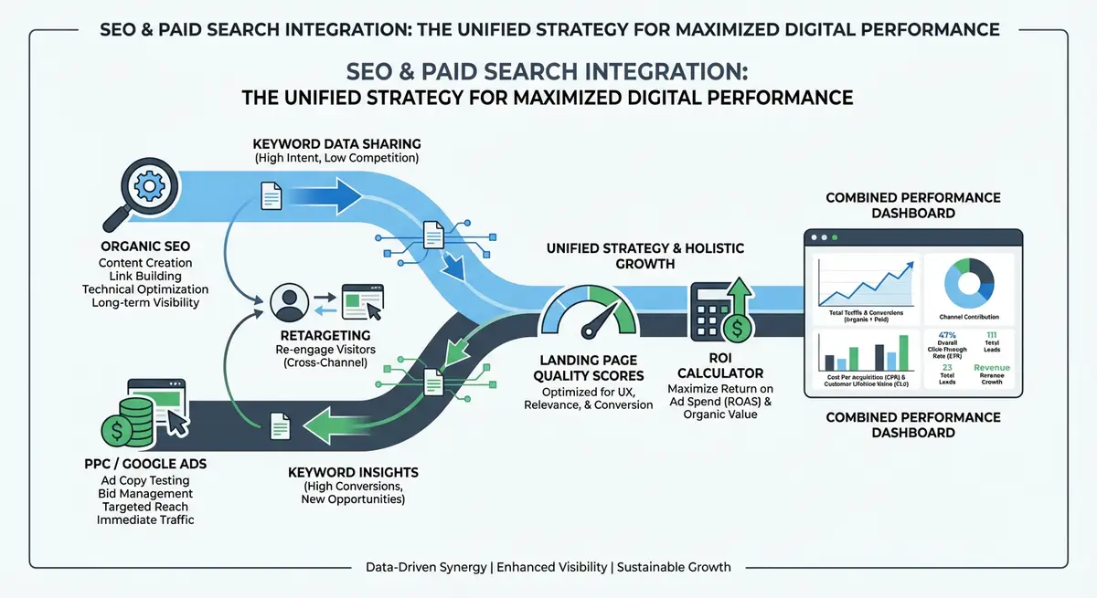 How-to diagram showing SEO and paid search integration including organic and PPC synergy, keyword data sharing, retargeting strategies, landing page quality, and combined ROI measurement