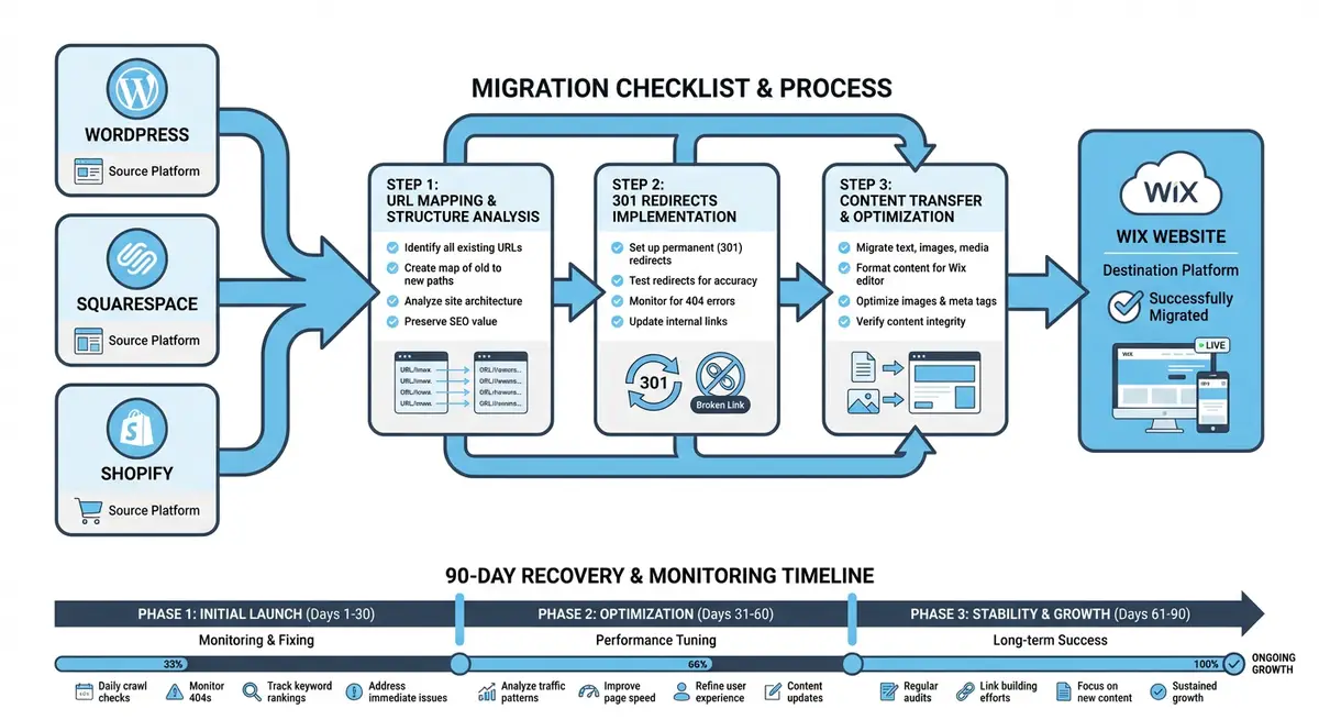 How-to infographic showing website migration to Wix from WordPress, Squarespace, and Shopify including URL mapping, 301 redirects, content transfer, and 90-day post-migration recovery monitoring