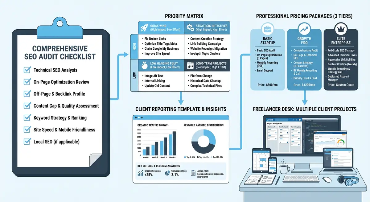 How-to diagram showing professional SEO auditing workflow including website audit process, priority matrix for quick wins vs long-term strategy, client reporting, and freelance SEO pricing packages