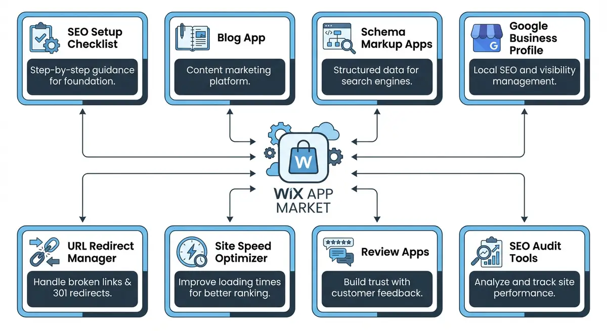 Infographic showing essential Wix apps for SEO audit and optimisation tools by a Wix SEO expert UK consultant