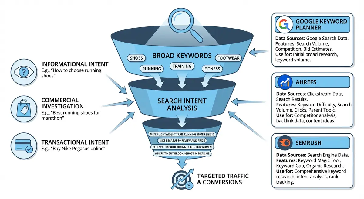 How-to infographic showing the keyword research process from broad seed keywords through search intent analysis to targeted long-tail keyword selection