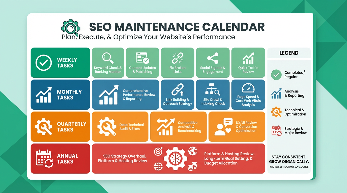 Wix SEO maintenance calendar showing weekly monthly quarterly and annual optimisation tasks