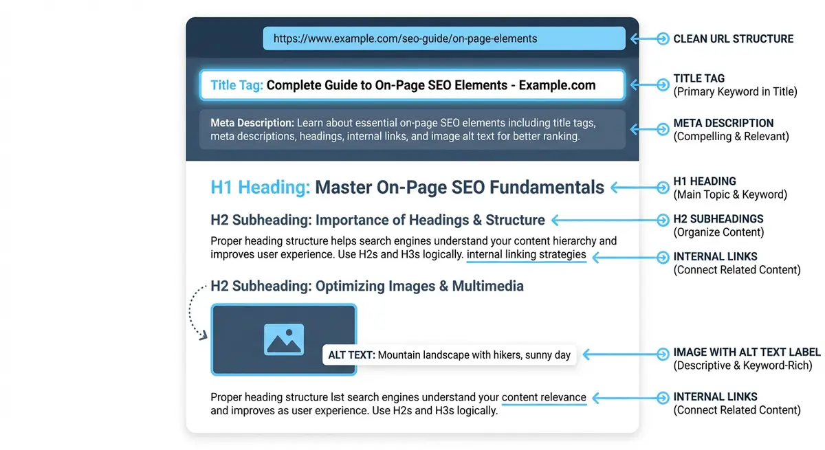 How-to diagram showing on-page SEO elements including title tags, meta descriptions, heading hierarchy, internal links, image alt text, and URL structure on a web page