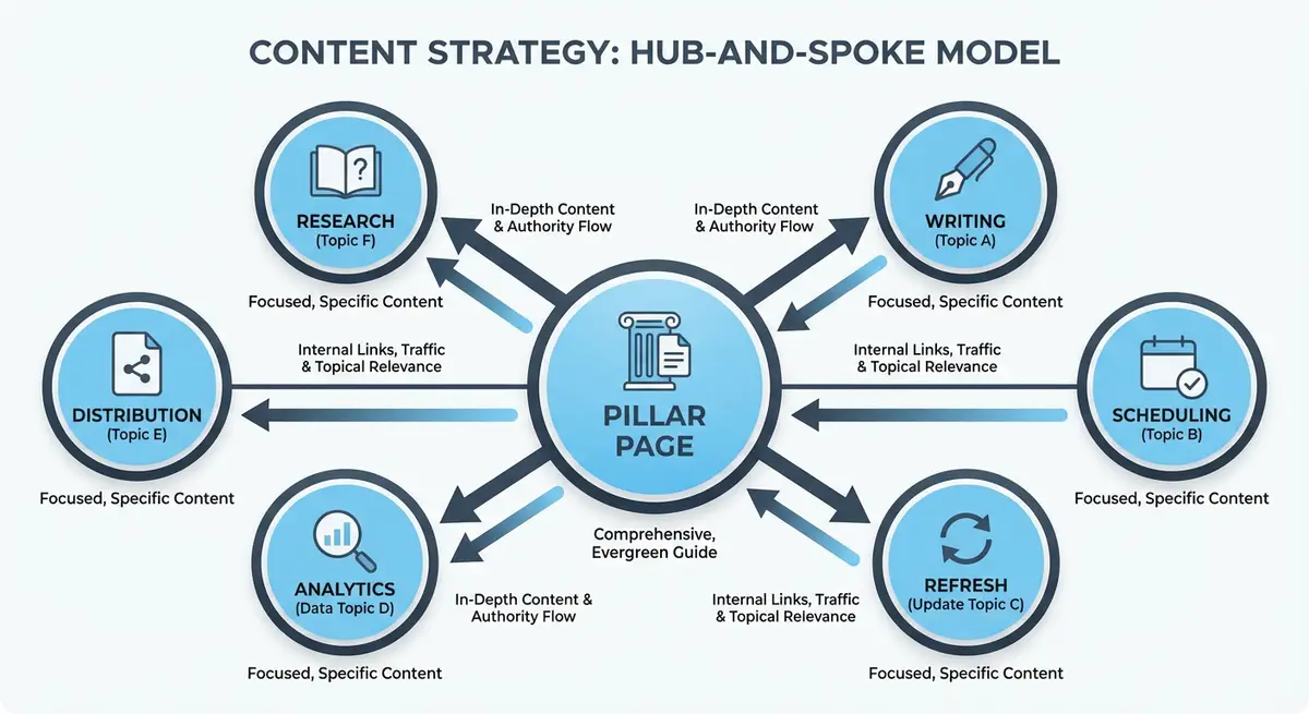 How-to infographic showing the hub-and-spoke content strategy model with pillar pages connected to supporting blog posts for building topical authority