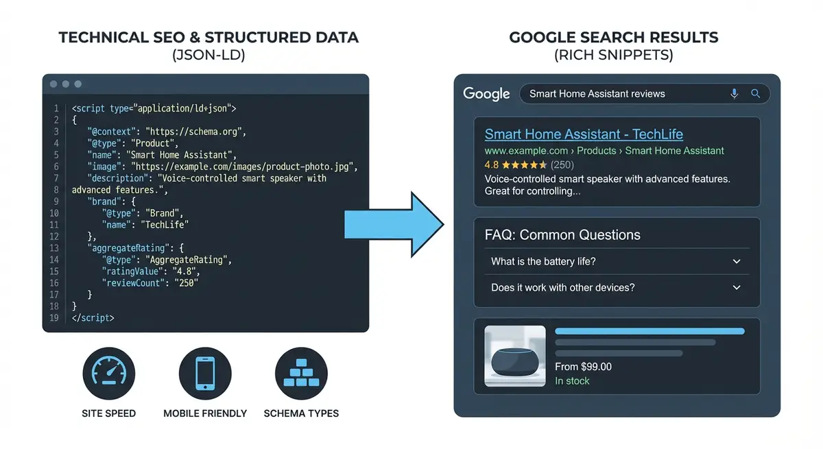 How-to diagram showing technical SEO elements including JSON-LD structured data markup, schema types, site speed optimisation, and rich snippet results in Google