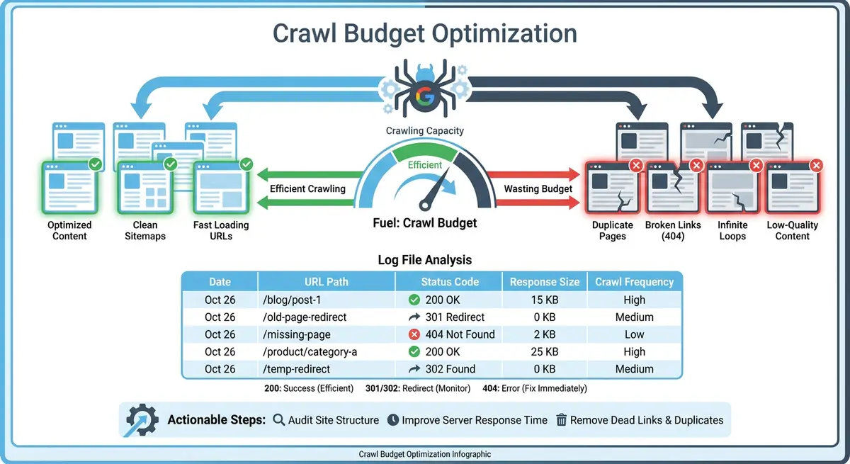 How-to infographic showing crawl budget optimisation including Googlebot crawl allocation, log file analysis, status codes, and techniques to maximise crawl efficiency on Wix