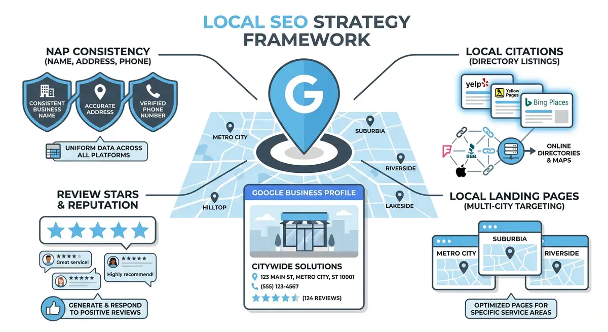 How-to diagram showing local SEO strategy including Google Business Profile optimisation, NAP consistency, local citations, review generation, and local landing pages