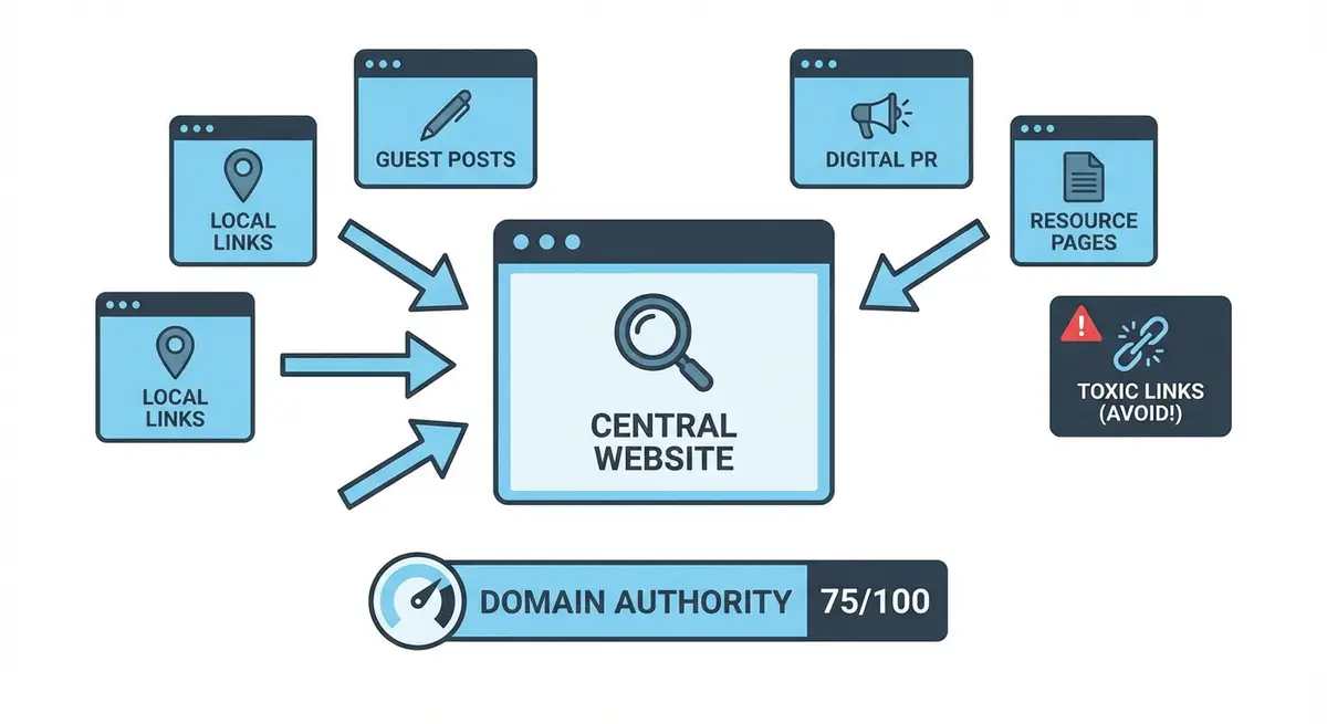 How-to infographic showing link building strategies including guest posting, digital PR, resource pages, local links, and backlink analysis with domain authority metrics