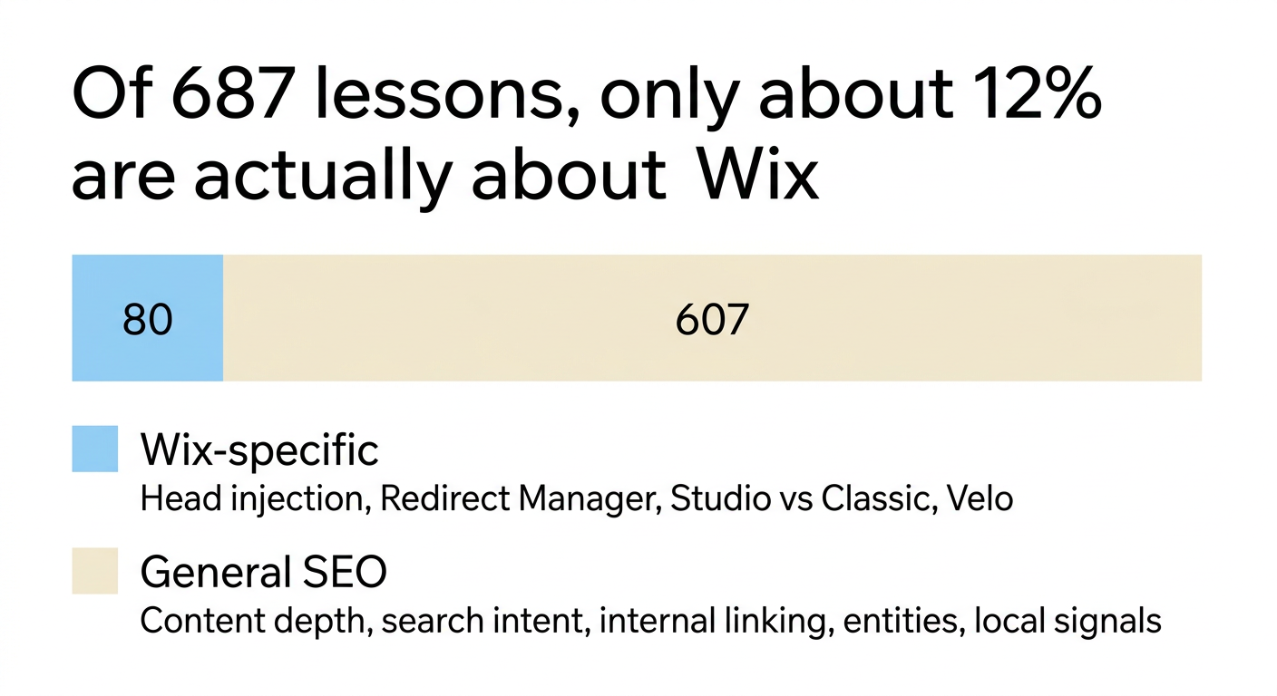 Chart showing that of 687 lessons in the Complete Wix SEO Course, about 80 are Wix-specific and about 607 cover general SEO principles