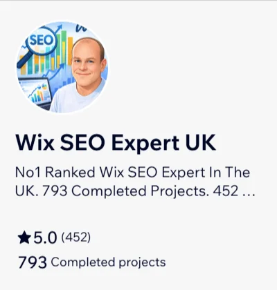 Wix Marketplace profile for Wix SEO Expert UK showing a 5.0 rating from 452 reviews and 793 completed projects