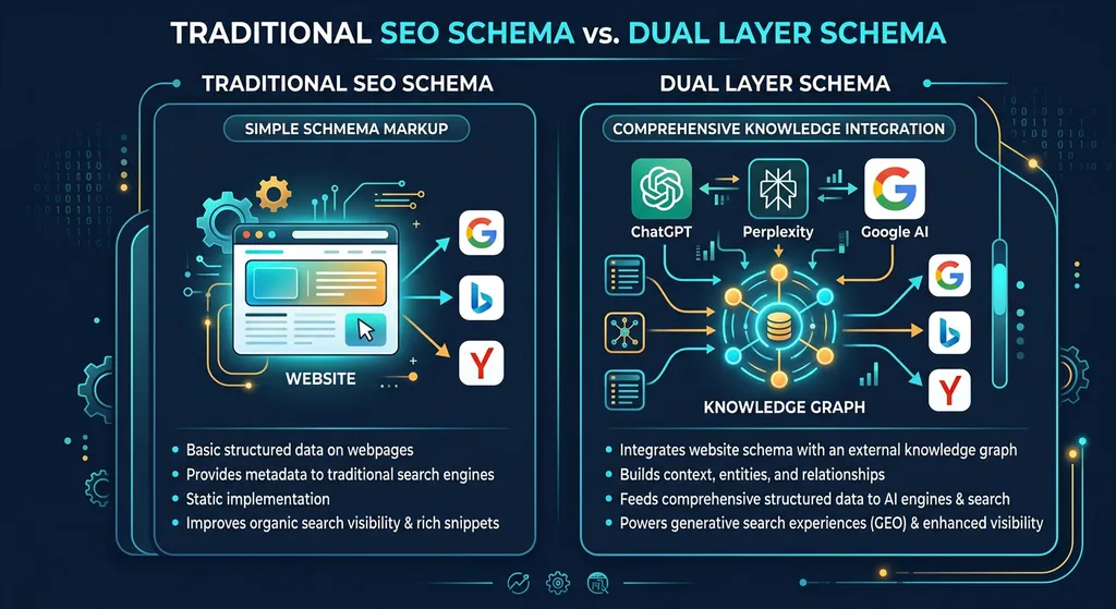Comparison infographic: Traditional single-layer SEO schema versus the Dual Layer Schema approach showing how the entity graph connects to ChatGPT, Perplexity, and Google AI Overviews