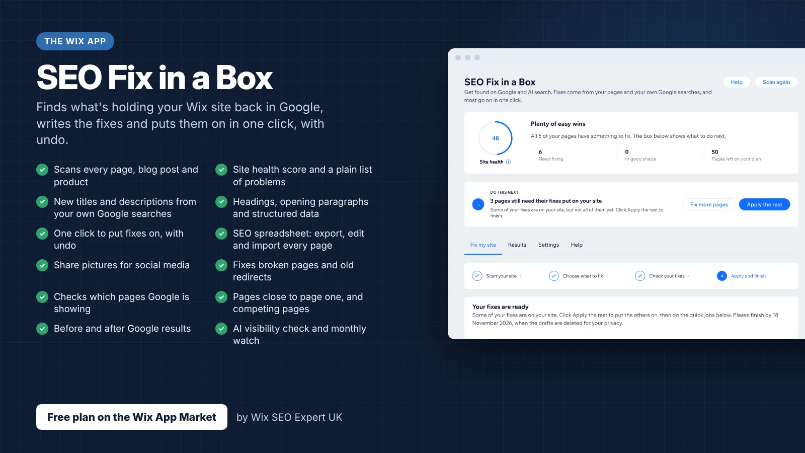 The Wix SEO Fix in a Box app, showing a site health score, the next step to take and a list of everything the app does