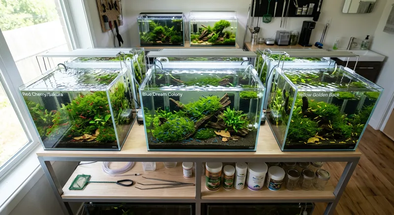 A well-maintained freshwater shrimp breeding setup with planted tanks -- the kind of dedicated environment behind The Shrimp Factory UK breeding programme