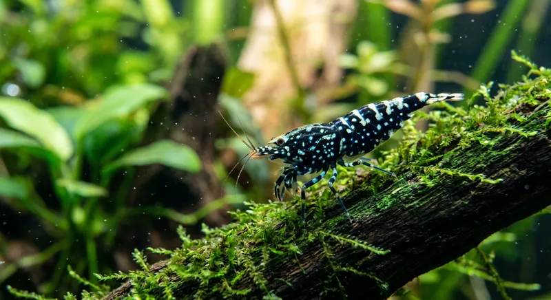Caridina galaxy fishbone shrimp in a planted aquarium -- one of the premium shrimp varieties available from The Shrimp Factory UK