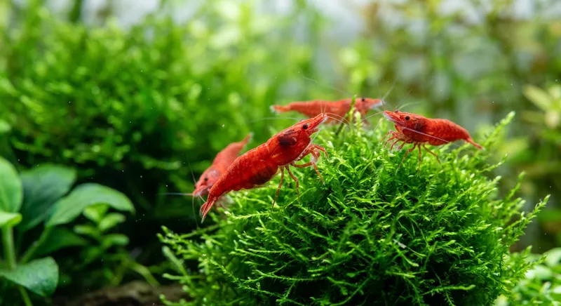 Fire Red Neocaridina cherry shrimp feeding on moss in a planted aquarium -- a popular beginner-friendly variety from The Shrimp Factory UK