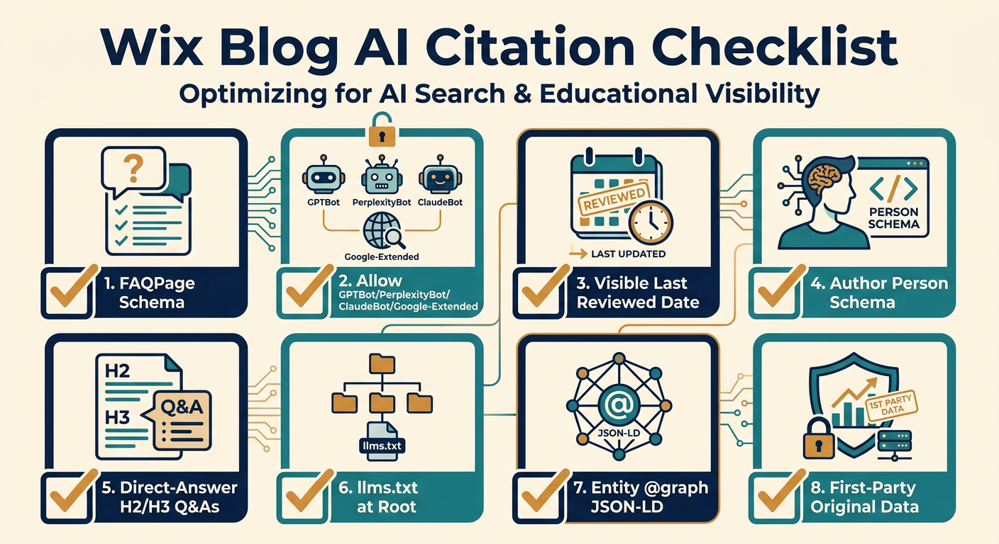 Wix Blog AI Citation Checklist infographic showing 8 requirements: FAQPage schema, allowed AI crawlers GPTBot PerplexityBot ClaudeBot Google-Extended, visible last reviewed date, author Person schema, direct-answer H2 and H3 Q&As, llms.txt, entity graph JSON-LD, first-party original data