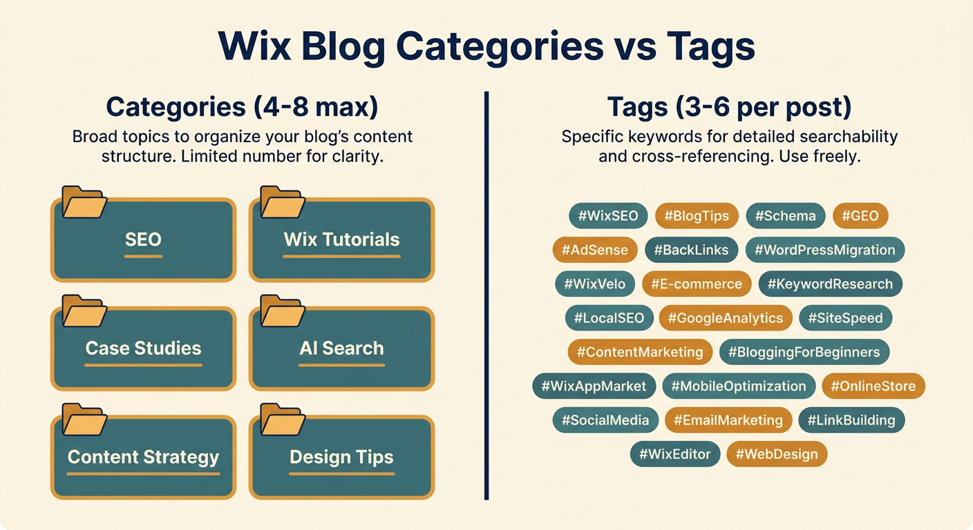 Wix Blog Categories vs Tags infographic split screen showing 4-8 category folders on the left (SEO, Wix Tutorials, Case Studies, AI Search) and 20+ tag pills on the right