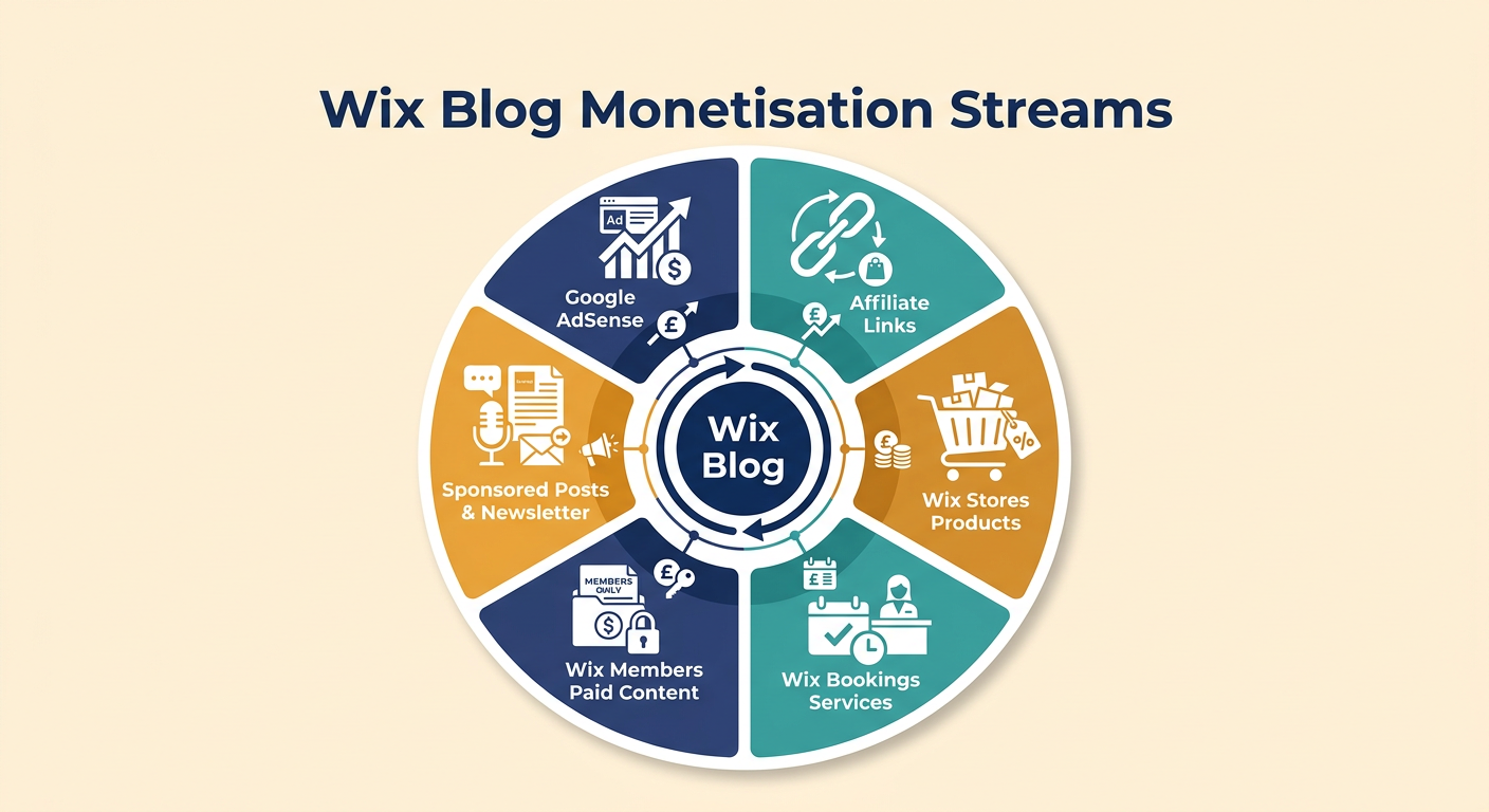 Wix Blog Monetisation Streams infographic showing 6 revenue streams radiating from a Wix Blog hub: Google AdSense, Affiliate Links, Wix Stores Products, Wix Bookings Services, Wix Members Paid Content, Sponsored Posts and Newsletter